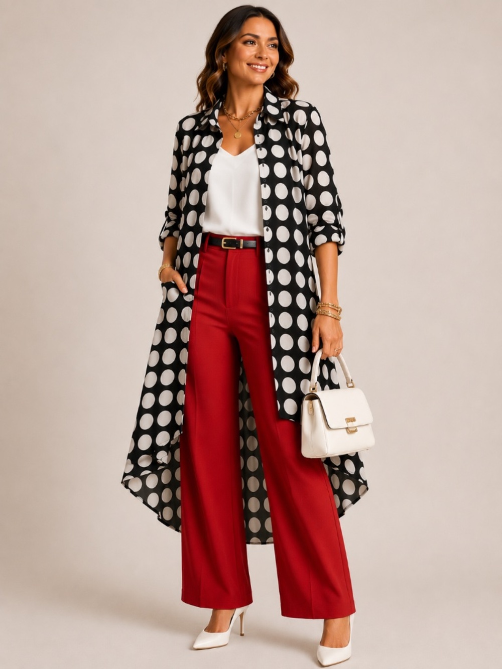 Step in Style - Black & White Polka Dot Hi Low Dramatic Duster - SzM